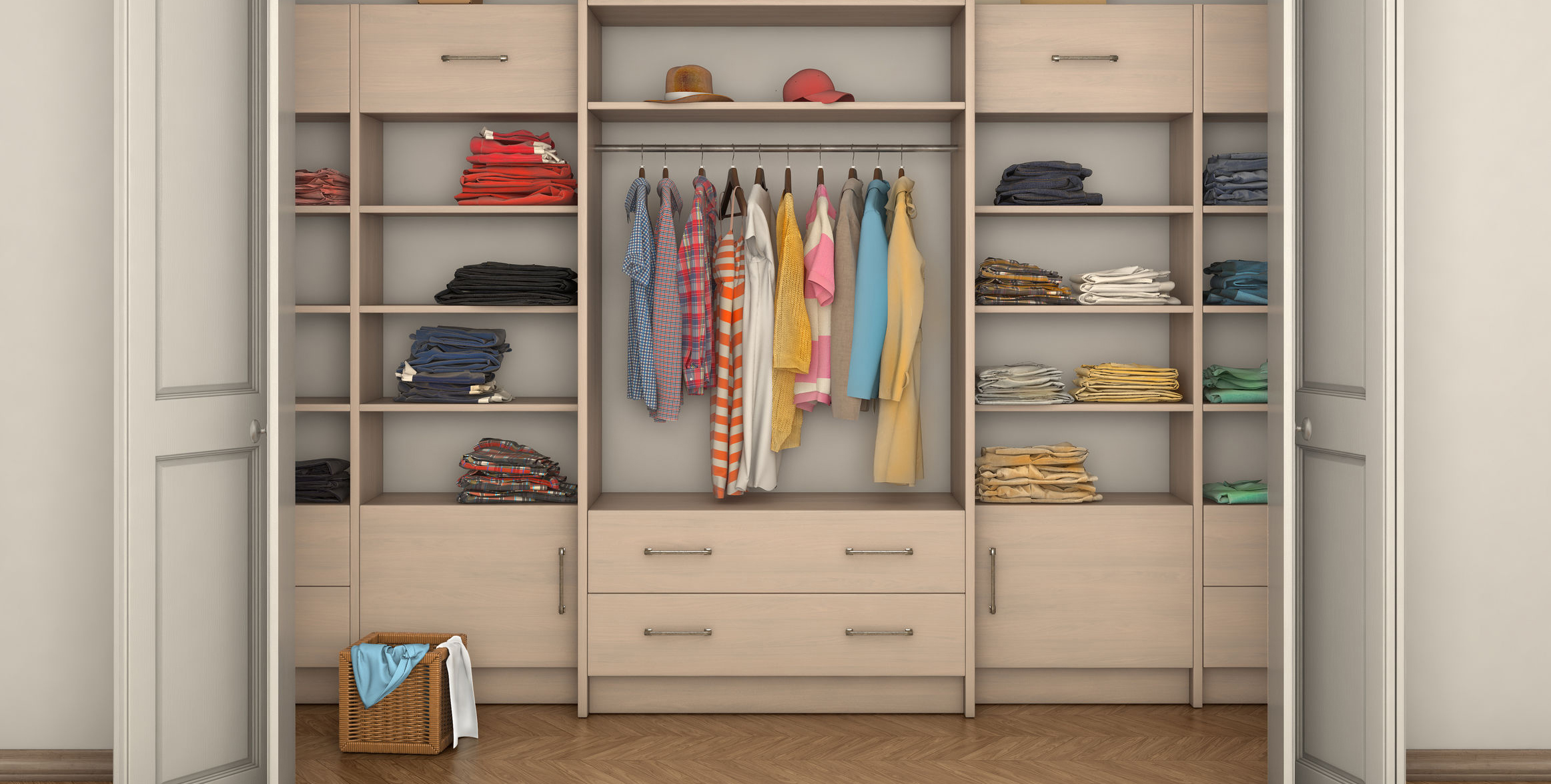 empty room interior and big closet with clothes; 3d illustration